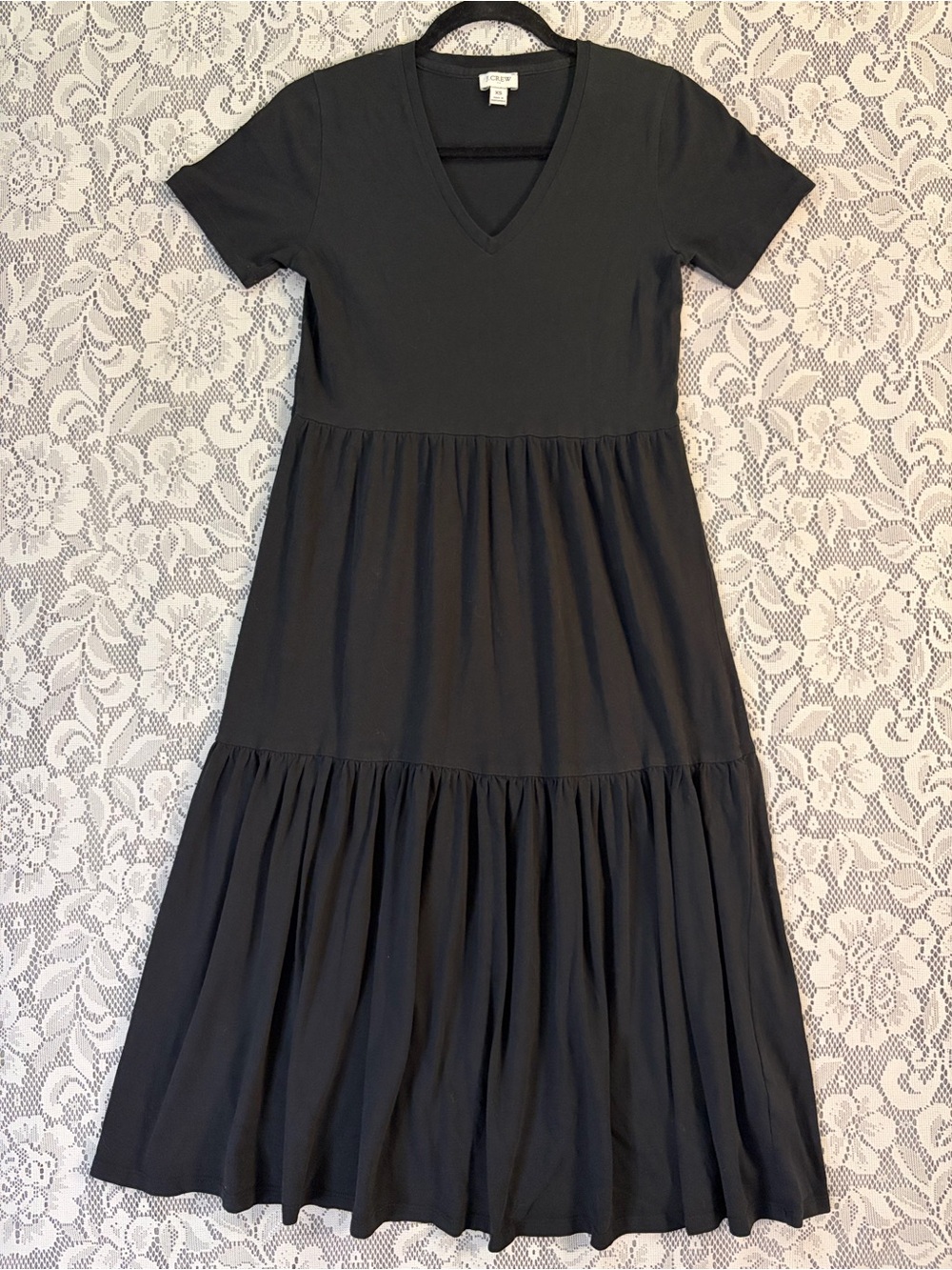 J. Crew Cotton Knit V-Neck Short Sleeve Tiered Black Maxi Dress Size XS